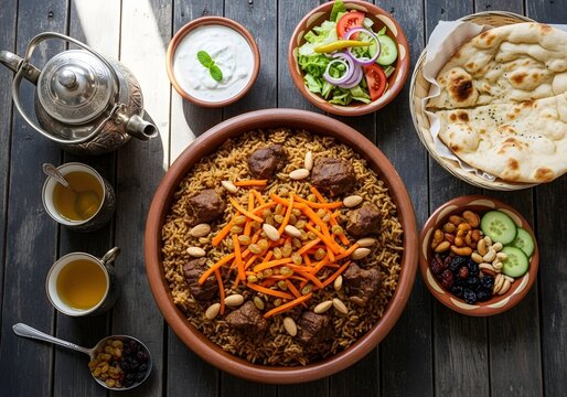 Overhead shot of traditional afghan food, kabuli palaw with lamb, salad, yogurt, tea and naan bread
