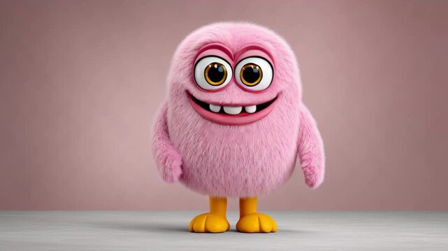 A pink fuzzy monster with yellow feet and a big smile. It looks like it's happy and ready to dance