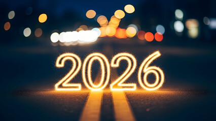 New Year 2026 neon sign on dark road with blurred city lights in warm bokeh effect for calendar design