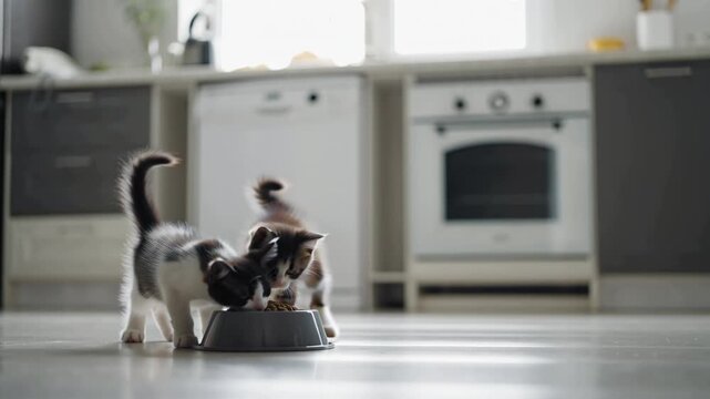 Adorable little kittens playfully run to a bowl in the kitchen
