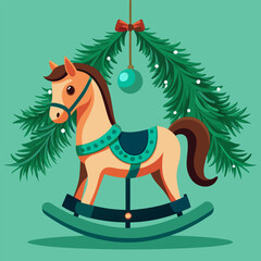 A charming rocking horse adorned with festive christmas greenery and ornaments