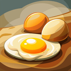 Cartoon fried egg and two whole eggs on a wooden surface