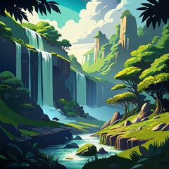 Lush valley with cascading waterfalls and vibrant greenery