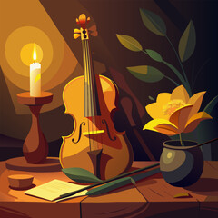 Still life with violin, candlelight, and flower in warm tones