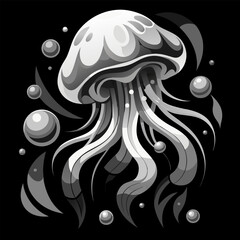 Monochrome stylized jellyfish illustration with bubbles