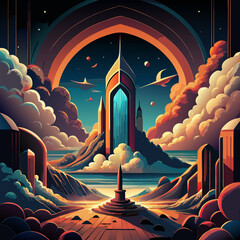 Mystical sunset over a fantasy citadel under a rainbow arch