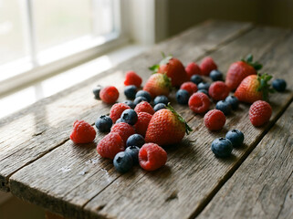 Fresas, frambuesas y ar&aacute;ndanos sobre madera r&uacute;stica