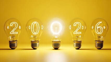 Light Bulbs with Numbers Forming the Year 2026 in Bright Idea Concept with Yellow Lighting on Yellow Background for Future Planning