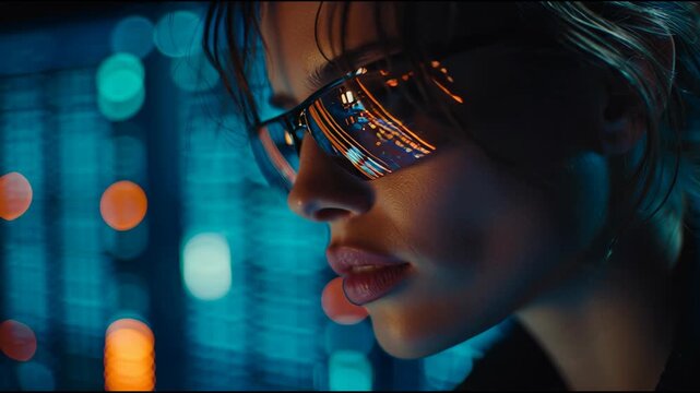 Cyberpunk Woman with Reflective Glasses Neon Night Closeup