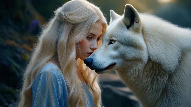 Woman with Blonde Hair and White Wolf Sharing Intimate Moment in Forest with Soft Lighting