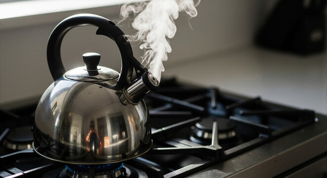 Stainless steel kettle boiling water on gas stove in modern kitchen  