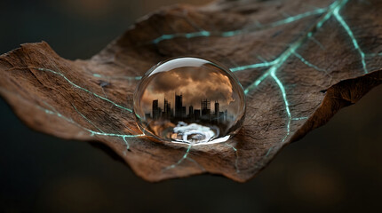 Ciudad reflejada en una gota sobre hoja