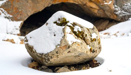 Large rock with snow, moss, and a cave entrance in background