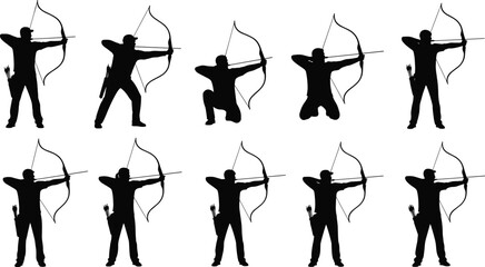 Archery archer silhouette set, bow arrow shooting poses, black vector illustration collection, isolated sport action figures icons, design graphic elements © MdMurad