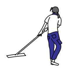 清掃員がモップで床を清掃する後ろ姿を描いたイラスト｜施設やオフィスの清潔を保つ日常業務を落ち着いたタッチで表現した人物