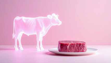 Lab-Grown Cultured Beef Steak with Glowing Cow Hologram