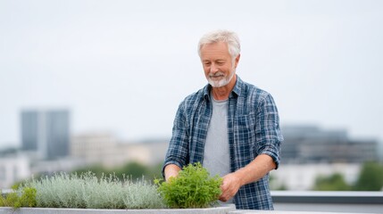Senior man tending to rooftop herb garden, surrounded by greenery and urban skyline, showcasing sustainable urban agriculture and gardening practices for city living