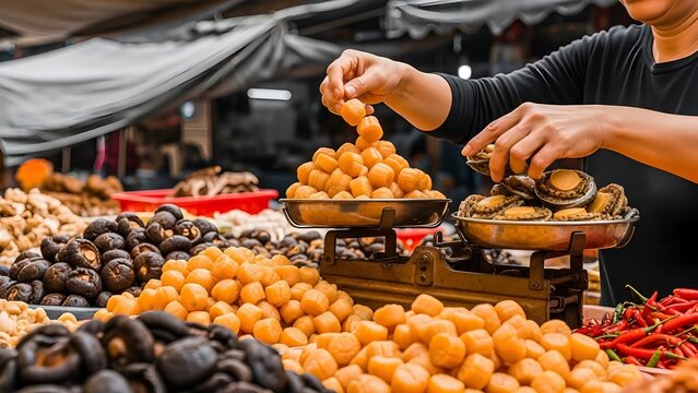 Vendor Weighing Dried Scallops and Seafood in Traditional Asian Wet Market