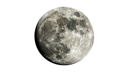 Moon on transparent background, lunar surface, gray and white