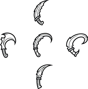 Kerambit knife and curved blade weapon vector set with sharp serrated edges in black and white line art for game asset design.