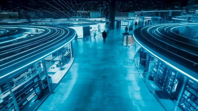 High tech research facility interior with glowing circular platforms, advanced equipment, and people working inside a modern data driven science environment