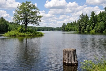 Scenic lake view with tree and stump on sunny day