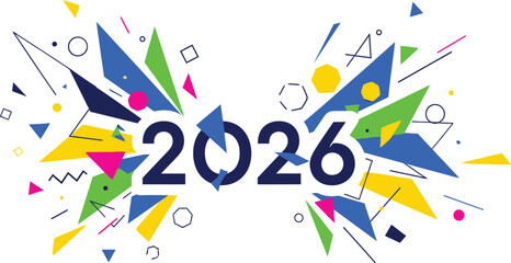 Festive abstract graphic design featuring the year 2026 exploding with vibrant geometric shapes and colors against white
