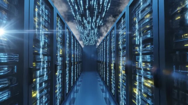 Rows of computer servers in a data center with binary code overlay