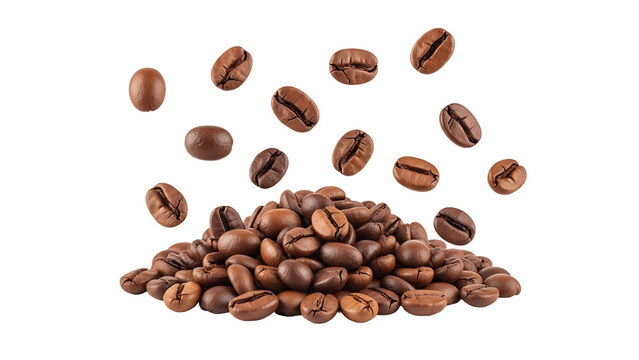 Coffee beans falling on transparent background