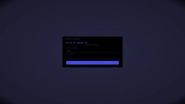 A login window appears in a dark digital space overlaying a user interface. Animation depicts a hacking or hijacking event in the system.