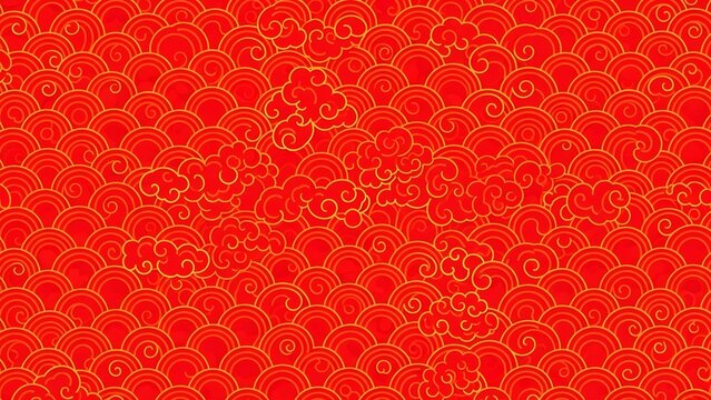 Bright red Chinese New Year background with traditional auspicious cloud pattern, neat vector style