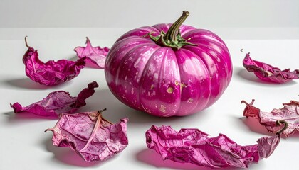 Magenta pumpkin with white streaks and matching dried leaves on white surface, evoking surreal autumn.