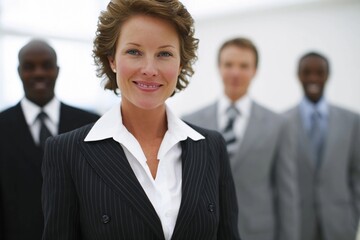 Business team stands together in modern office setting
