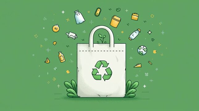 Reusable shopping bag opening as eco icons float out, symbolizing sustainability, recycling, and green lifestyle. Clean, minimal animation ideal for environmental, retail, and eco-brand campaigns.

