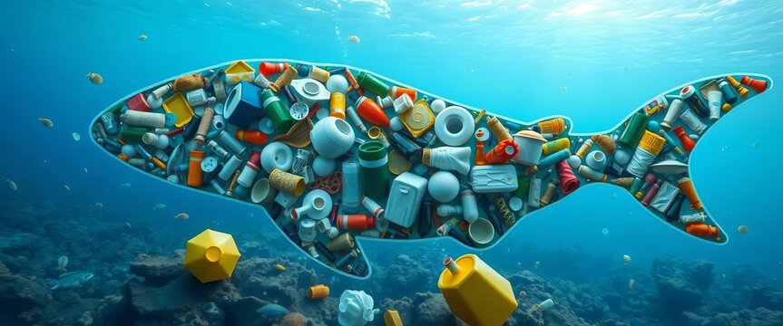 Ocean animal outlines filled with plastic debris, highlighting pollution,  underwater,  environment