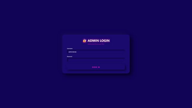 A login window animation displays an administrator login with a progress indicator showing authorization in a tech focused digital space. The scene reflects hacking or hijacking themes.