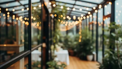 Cozy greenhouse interior with string lights and plants