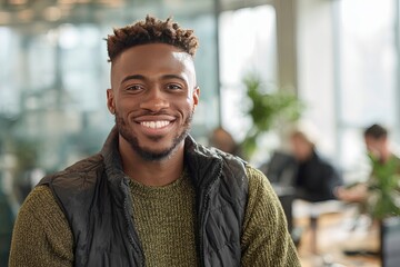 Smiling african american man standing in modern office workspace