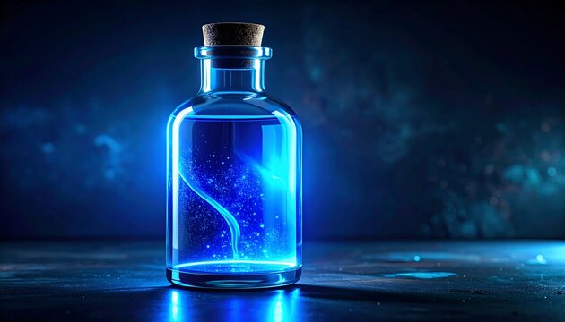 Fantasy elixir bottle with radiant blue light and sparkling dust, alchemy and magic concept.