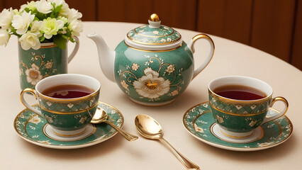 Fototapeta premium Elegant Green Floral Tea Set for Two with Golden Accents Generative AI