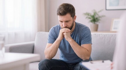 Worried man in therapy session sits on couch with hands clasped, seeking help for mental health issues