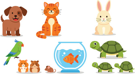 Obraz premium Cute vector collection of domestic pets like dog cat rabbit hamster and turtle isolated on white for kids design