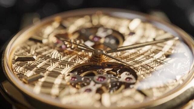Intricate ornate gold mechanical watch dial with engraved textured guilloche and skeleton aperture, visible gears, ruby bearings and jeweled movement, skeleton hands with fine engraving