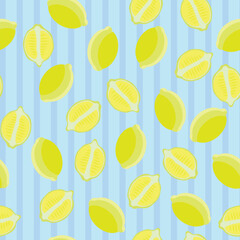 Lemon seamless citrus vector pattern on striped background. Hand drawn illustration with lemons.  © Logunova  Elena
