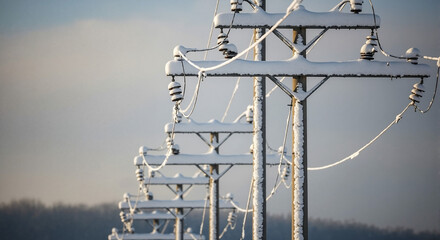 Snow-covered power lines stretching across winter landscape  