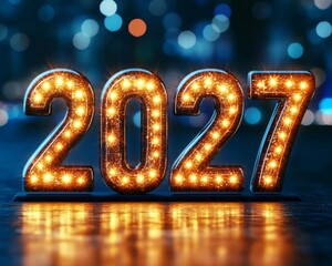 Shimmering 2027 Metallic Numerals Glowing Amidst Defocused Lights for New Year Celebration Joy