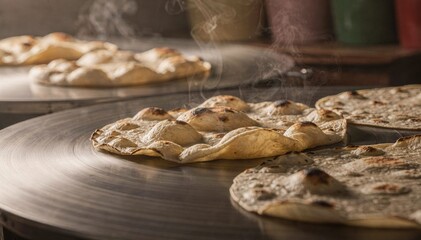 Close medium view of multiple tortillas inflating simultaneously on large rotating comal plates showcasing the rhythmic motion and steam rising from the cooking process.