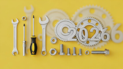 Tools and hardware on a yellow background with 2026 text and gear components, representing innovation and industry for a futuristic vision