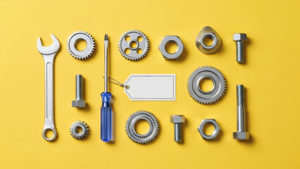 Collection of assorted metal tools and hardware on a bright yellow background with a blank tag for labeling or identification purposes
