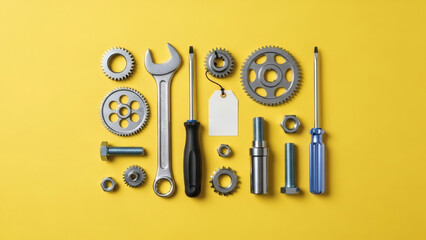 Assorted hand tools and mechanical parts on yellow background, including wrenches, screwdrivers, gears, and bolts for DIY and repair tasks.